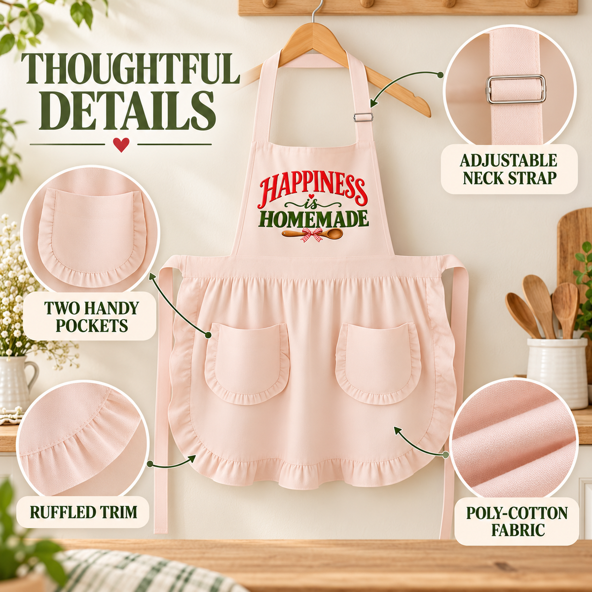 A light pink kitchen apron with 'Happiness is Homemade' printed on the chest, displayed on a wooden hanger with callout circles highlighting features like adjustable neck strap, two handy pockets, ruffled trim, and fabric texture.