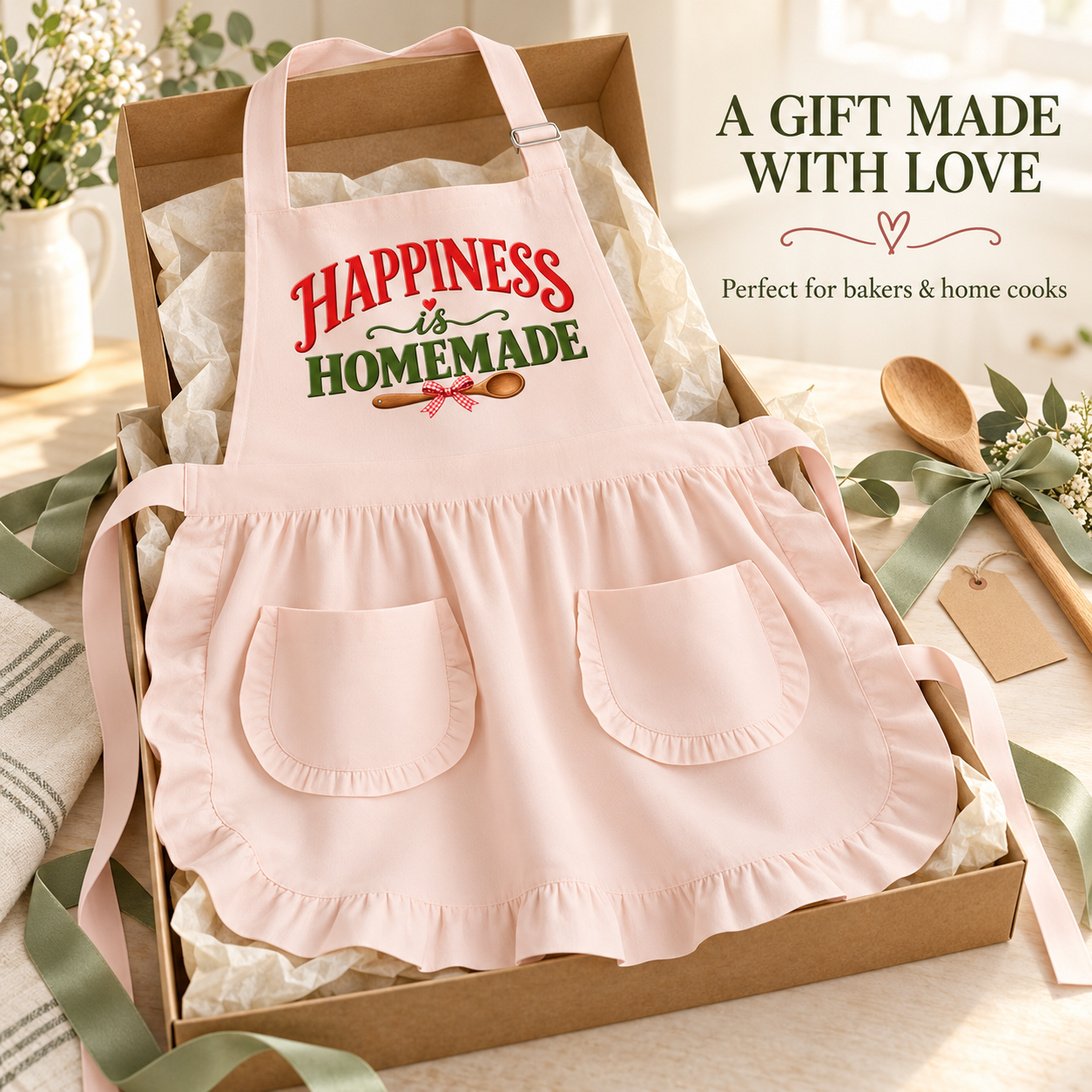 A light pink ruffled apron with the words 'HAPPINESS is HOMEMADE' in red and green lettering, presented inside a brown gift box with tissue paper. The scene is styled with a wooden spoon, green ribbon, and small flowers on a light surface, with text on the right reading 'A GIFT MADE WITH LOVE'.