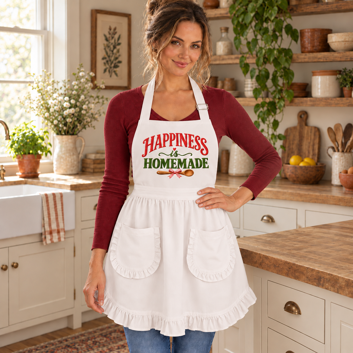 A woman wearing a white apron with 'Happiness & HOMEMADE' printed on the chest, styled over a burgundy long-sleeve shirt in a bright, cozy kitchen setting.