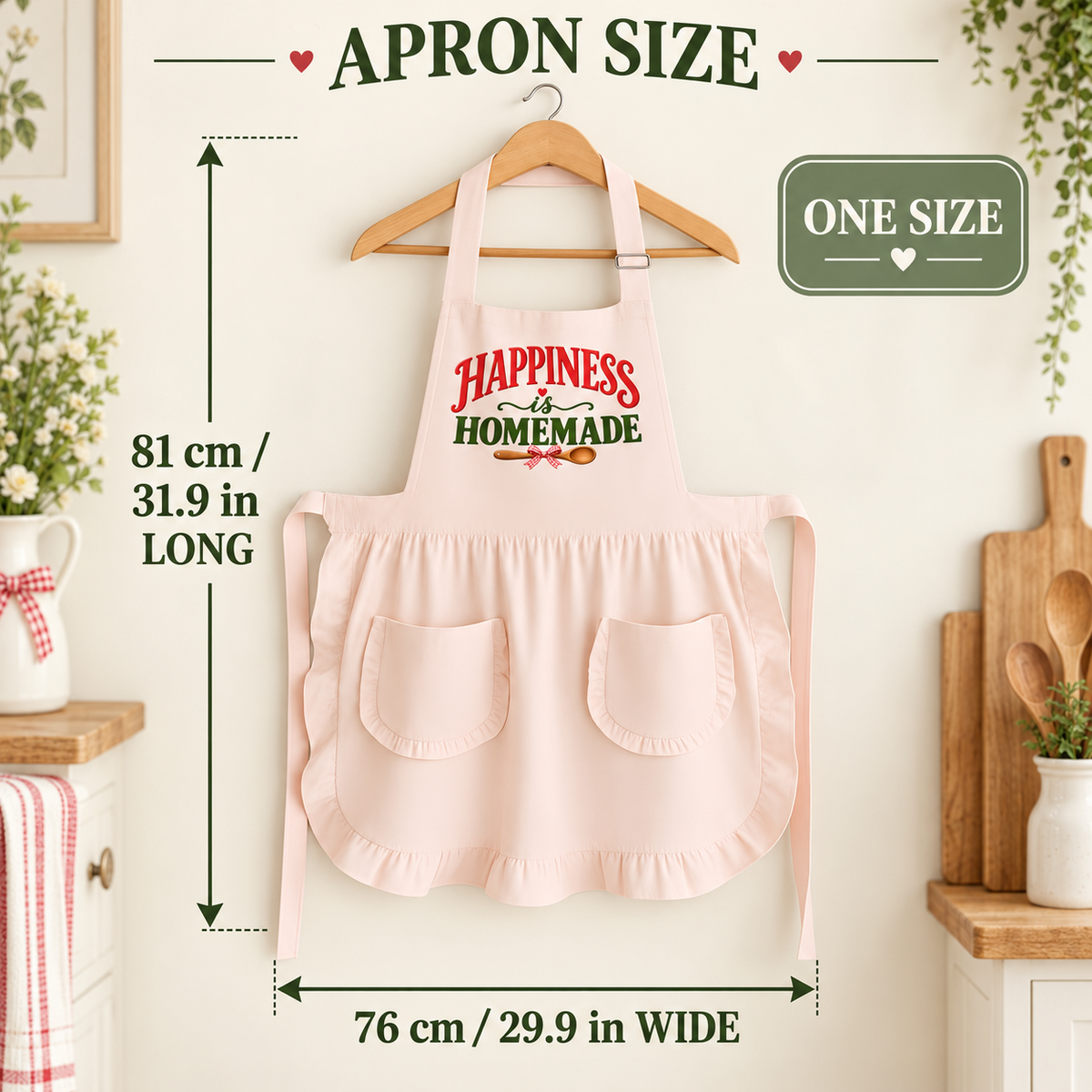 A light pink apron with 'Happiness is Homemade' printed on the chest, shown hanging on a wooden hanger with dimension lines indicating 81 cm in length and 76 cm in width. The image includes 'APRON SIZE' and 'ONE SIZE' text overlays, set against a warm kitchen background.