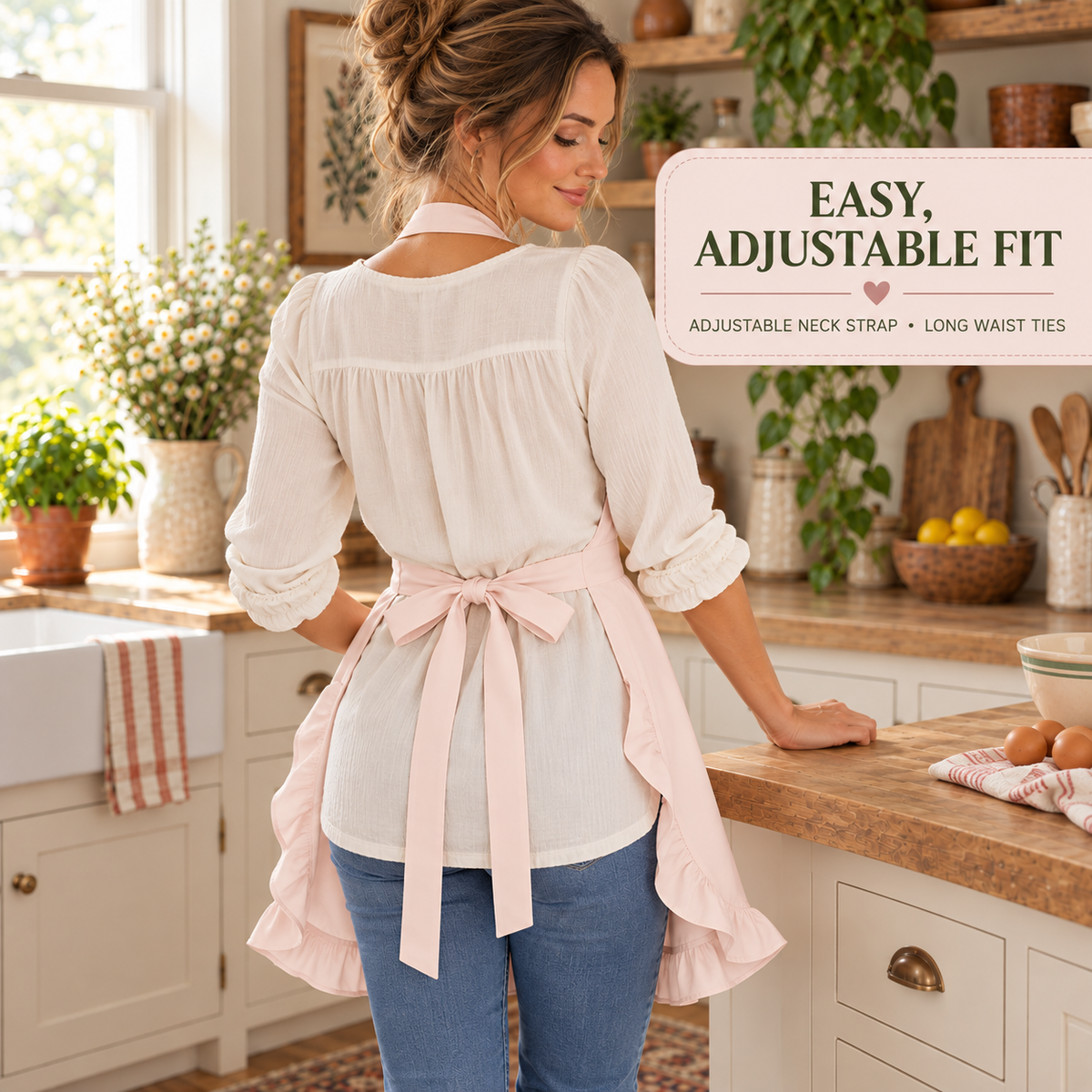 A woman stands in a bright kitchen wearing a white blouse and blue jeans, with a light pink apron tied at the waist and draped over her arms. A text overlay on the right reads 'EASY, ADJUSTABLE FIT' with smaller text 'ADJUSTABLE NECK STRAP • LONG WAIST TIES.