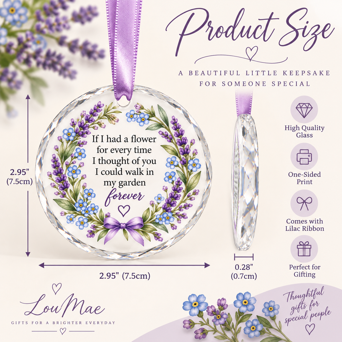 Product size diagram for a round glass keepsake ornament with a purple and blue floral wreath design and a lavender ribbon. The image shows the front view with dimensions, a side profile, and product features on a light background with floral graphics.