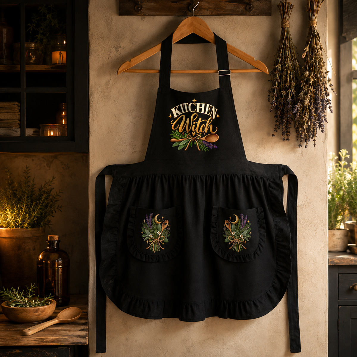A black kitchen apron with 'Kitchen Witch' embroidered on the chest and two floral patch pockets, hanging on a wooden hanger against a rustic beige wall in a cozy kitchen setting.