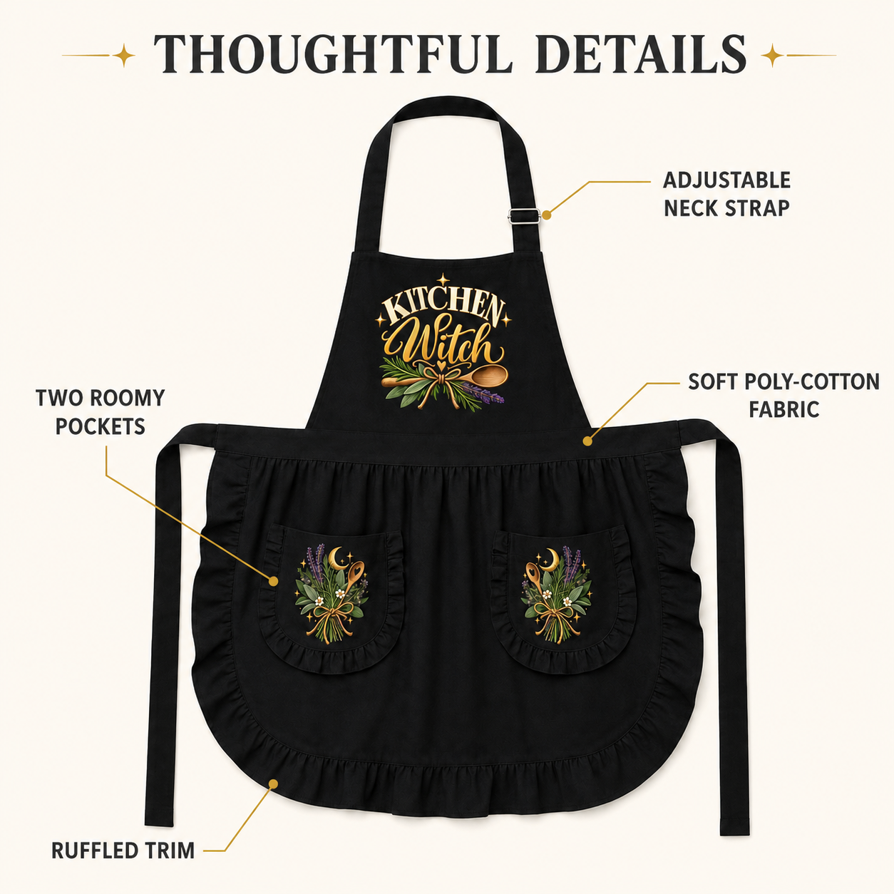 Black kitchen apron with a ruffled hem and two front pockets, shown on a light beige background with callout labels highlighting features like the adjustable neck strap, soft poly-cotton fabric, two roomy pockets, and ruffled trim. The apron has a colorful 'Kitchen Witch' graphic on the chest.