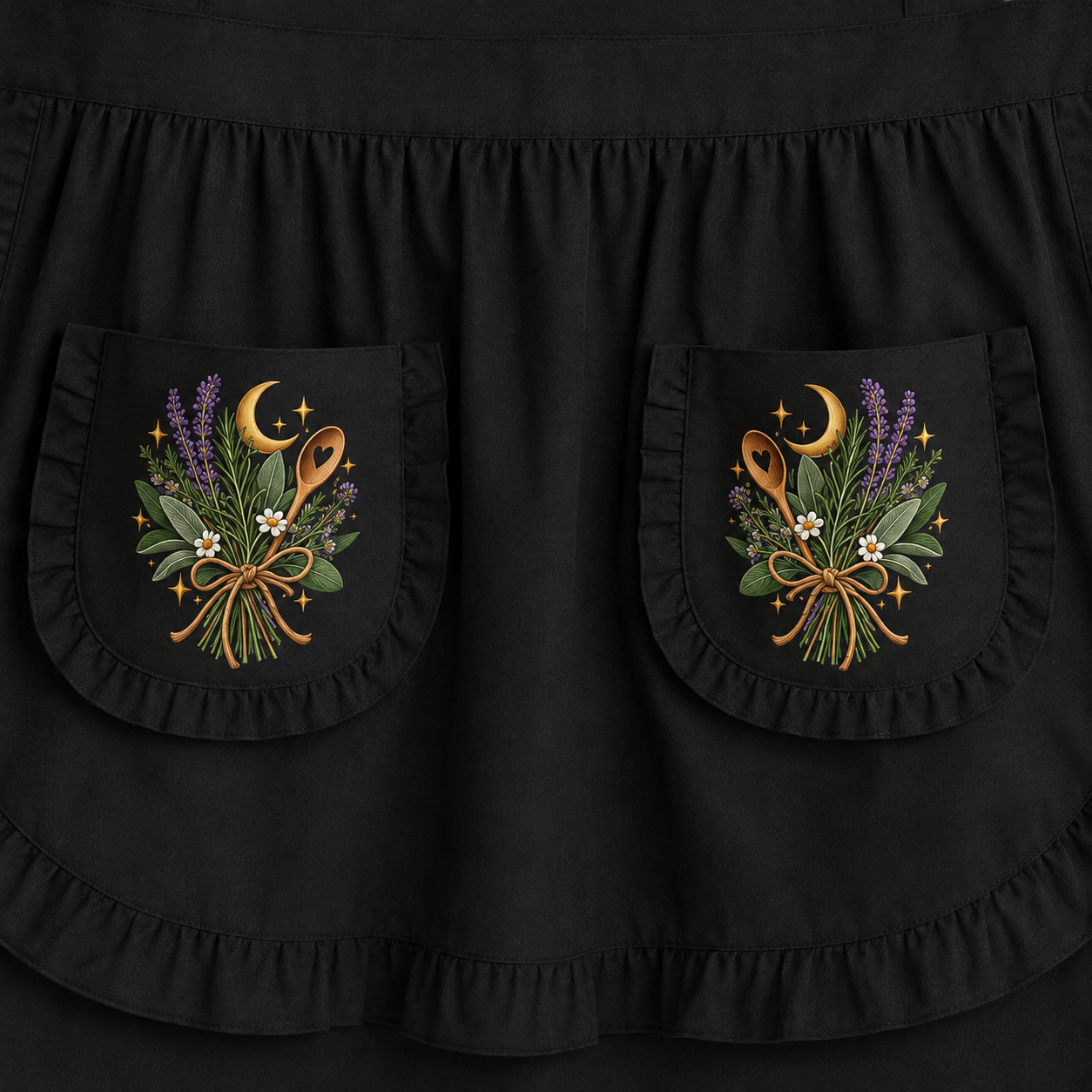 Close-up of a black apron with two ruffled front pockets, each decorated with embroidered floral and celestial motifs including purple lavender, green leaves, white flowers, a gold moon, and orange-brown utensils.
