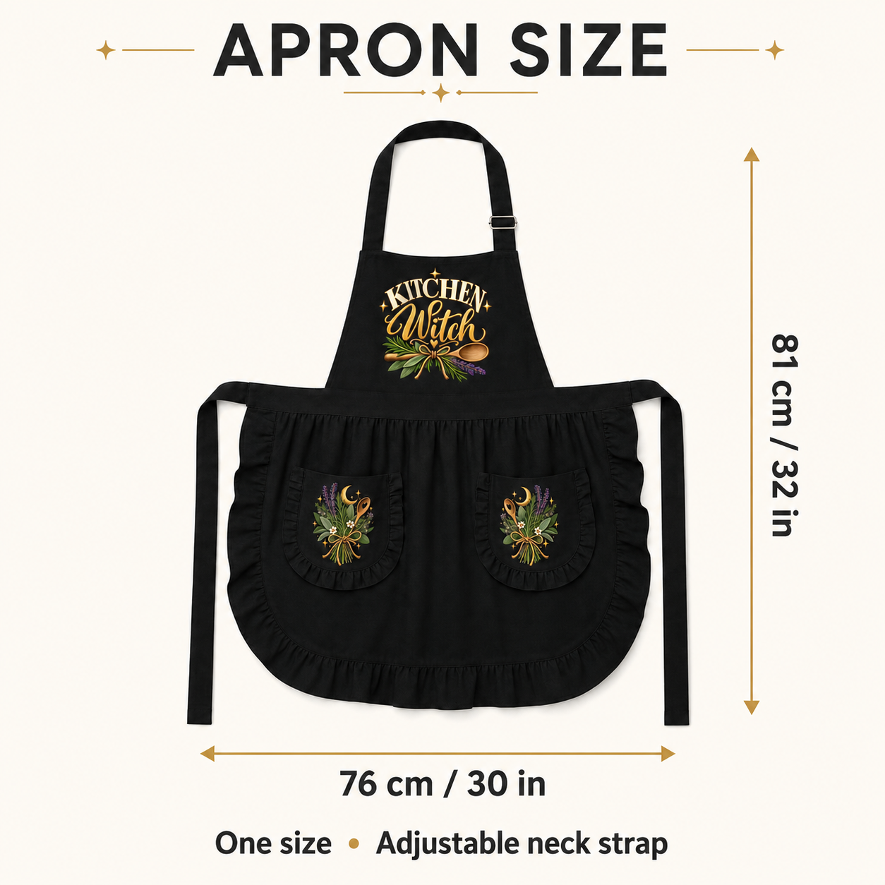 Black apron with ruffled hem and waist ties, shown with dimension labels indicating 81 cm height and 76 cm width on a light beige background. The apron has a neck strap, front pockets, and a decorative chest print reading “Kitchen Witch” with floral and utensil graphics.