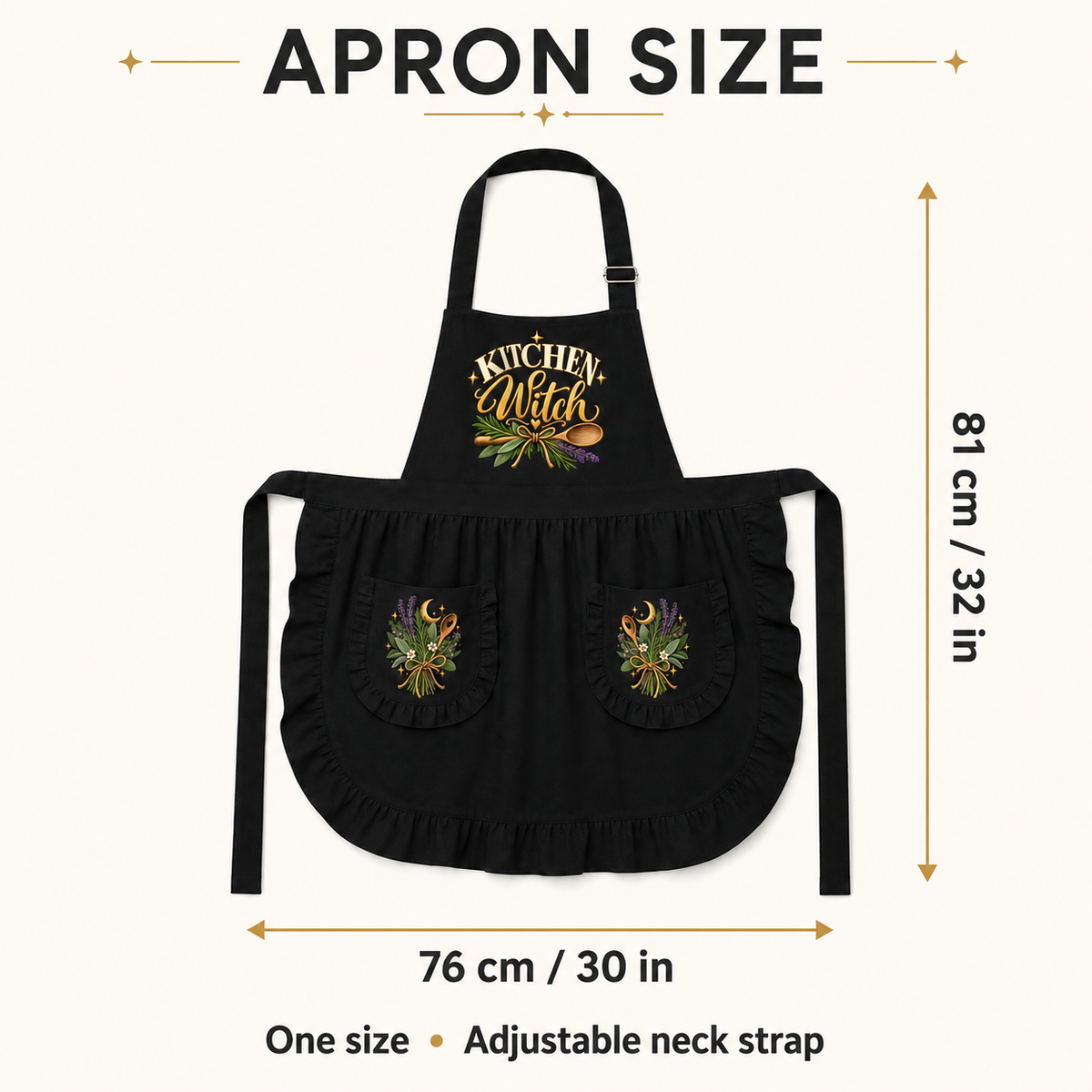 Black apron with ruffled hem and waist ties, shown with dimension labels indicating 81 cm height and 76 cm width on a light beige background. The apron has a neck strap, front pockets, and a decorative chest print reading “Kitchen Witch” with floral and utensil graphics.