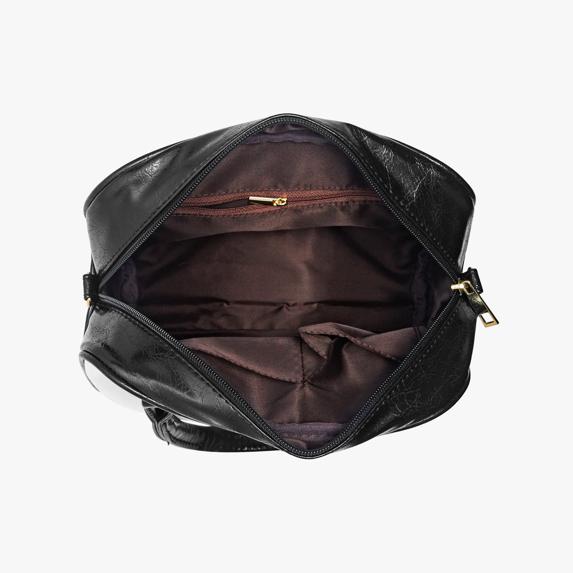 Black leather bag with open top on a white background