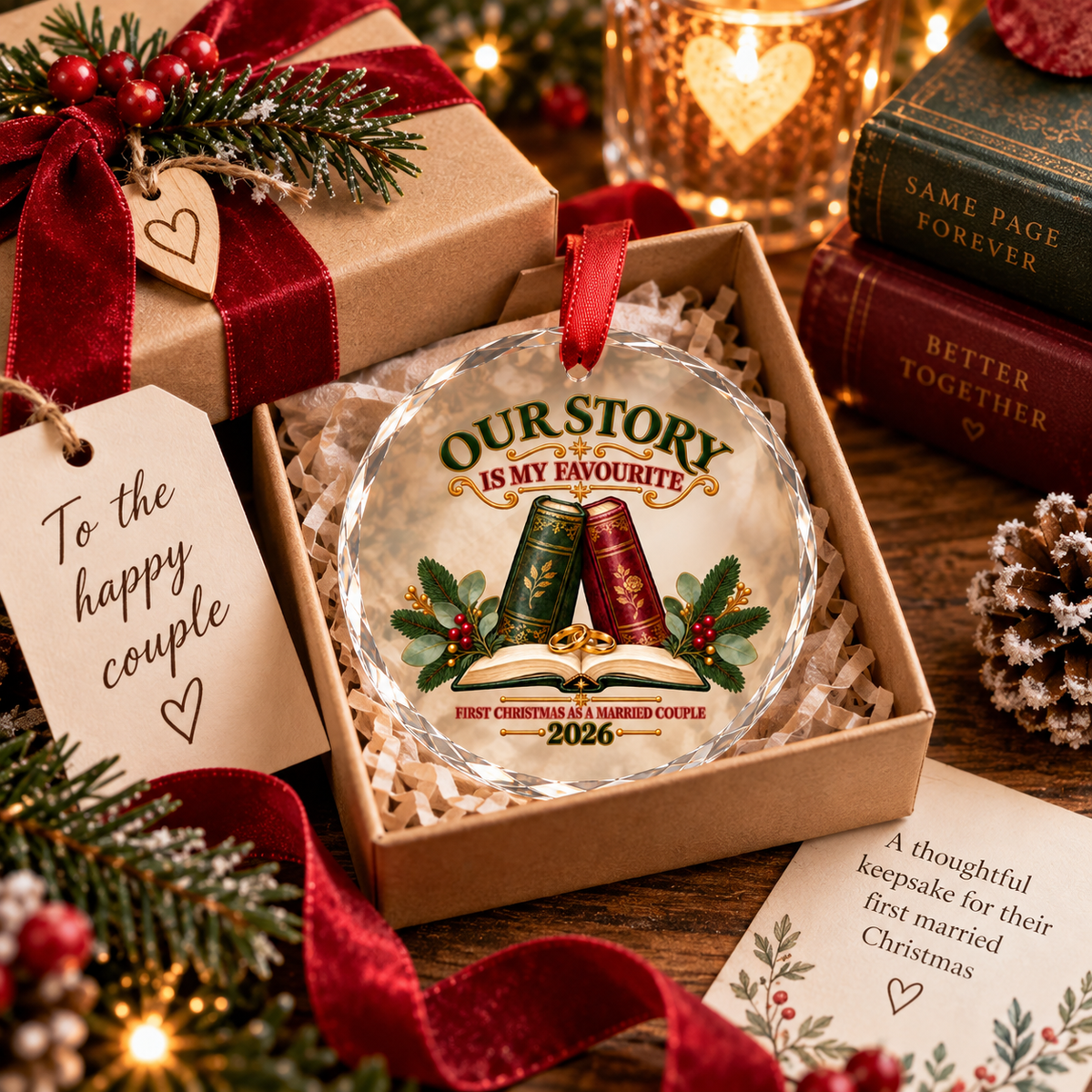 A round clear glass Christmas ornament with printed holiday artwork and the text 'OUR STORY IS MY FAVOURITE 2026' displayed inside a kraft gift box. The scene is styled with a wrapped box, red ribbon, tag reading 'To the happy couple', books, pinecones, and festive decor on a wooden surface.