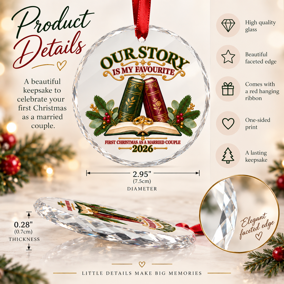 A personalized clear glass Christmas ornament with a red hanging ribbon, shown with product details, dimensions, and feature callouts on a warm beige background with holiday decorations.