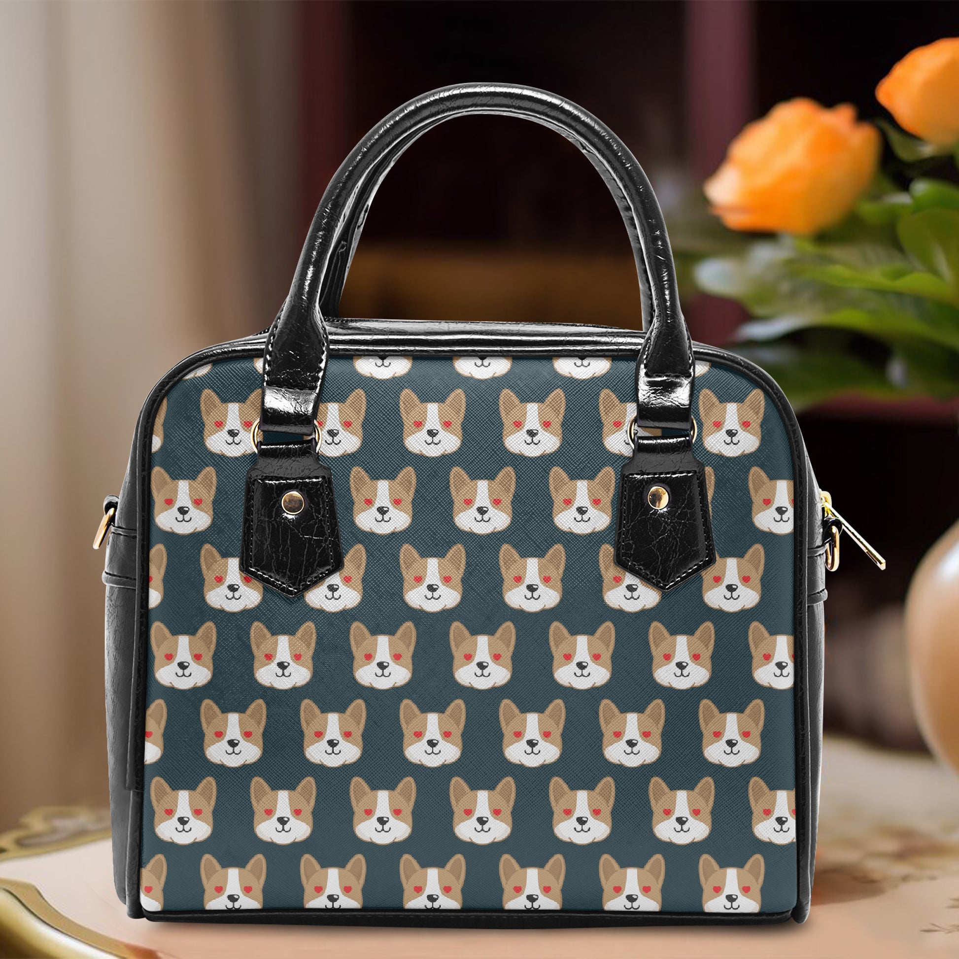 Puppy faces repeating pattern saddle bag side angle