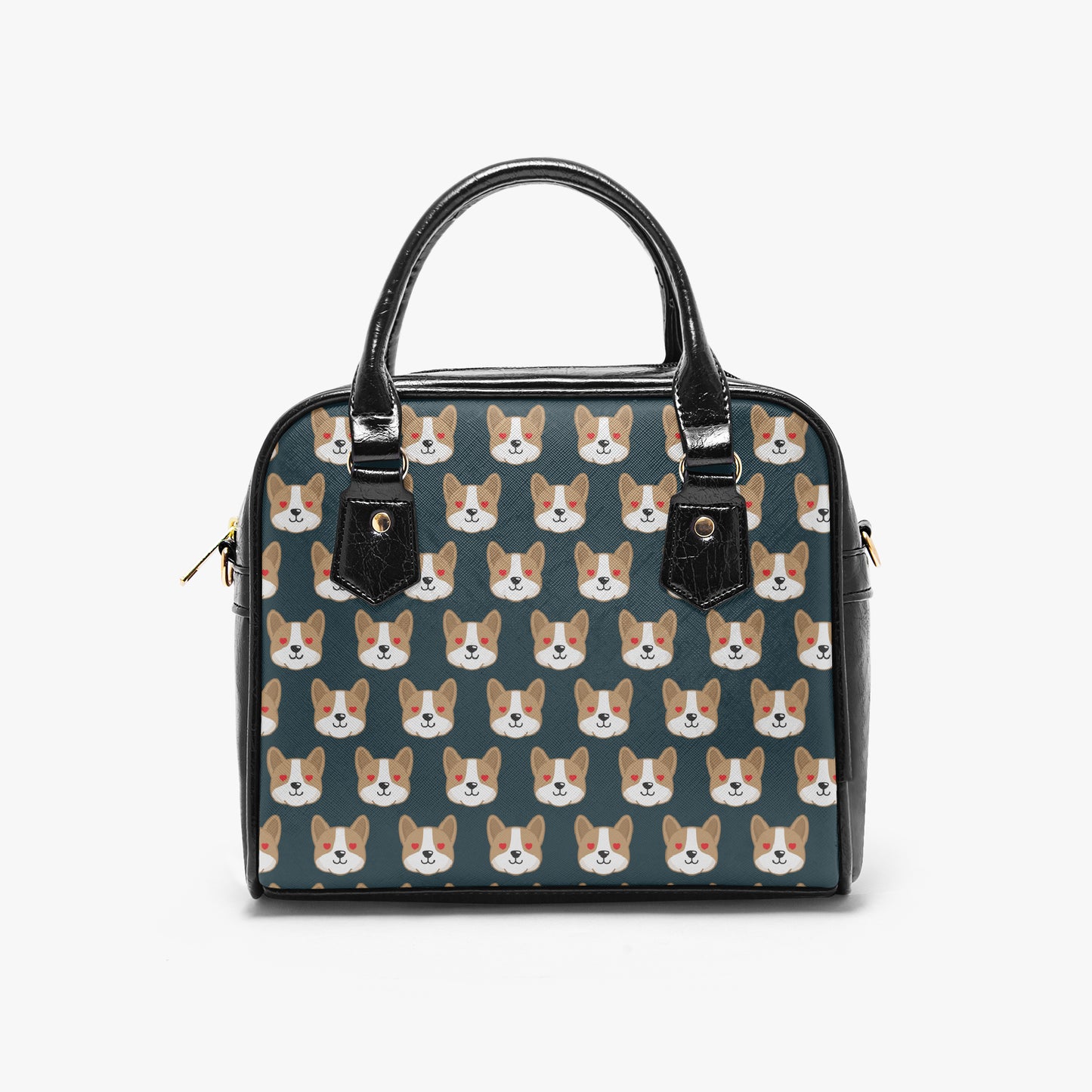 Handbag with corgi pattern on a dark green background