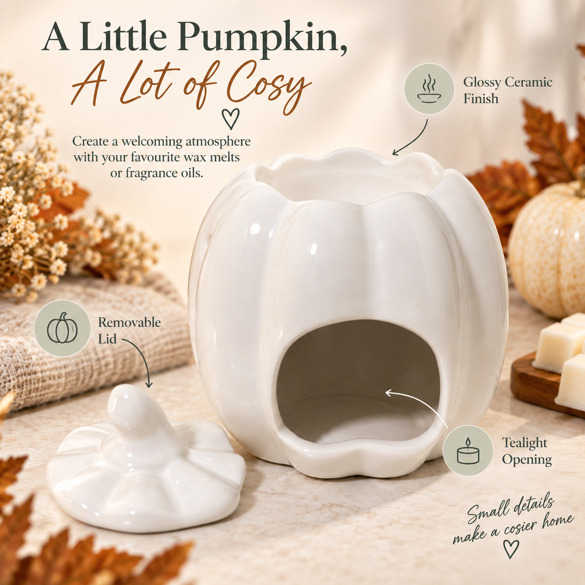 A glossy ceramic pumpkin-shaped wax warmer with a removable lid, shown on a styled autumn background with text callouts describing its features.