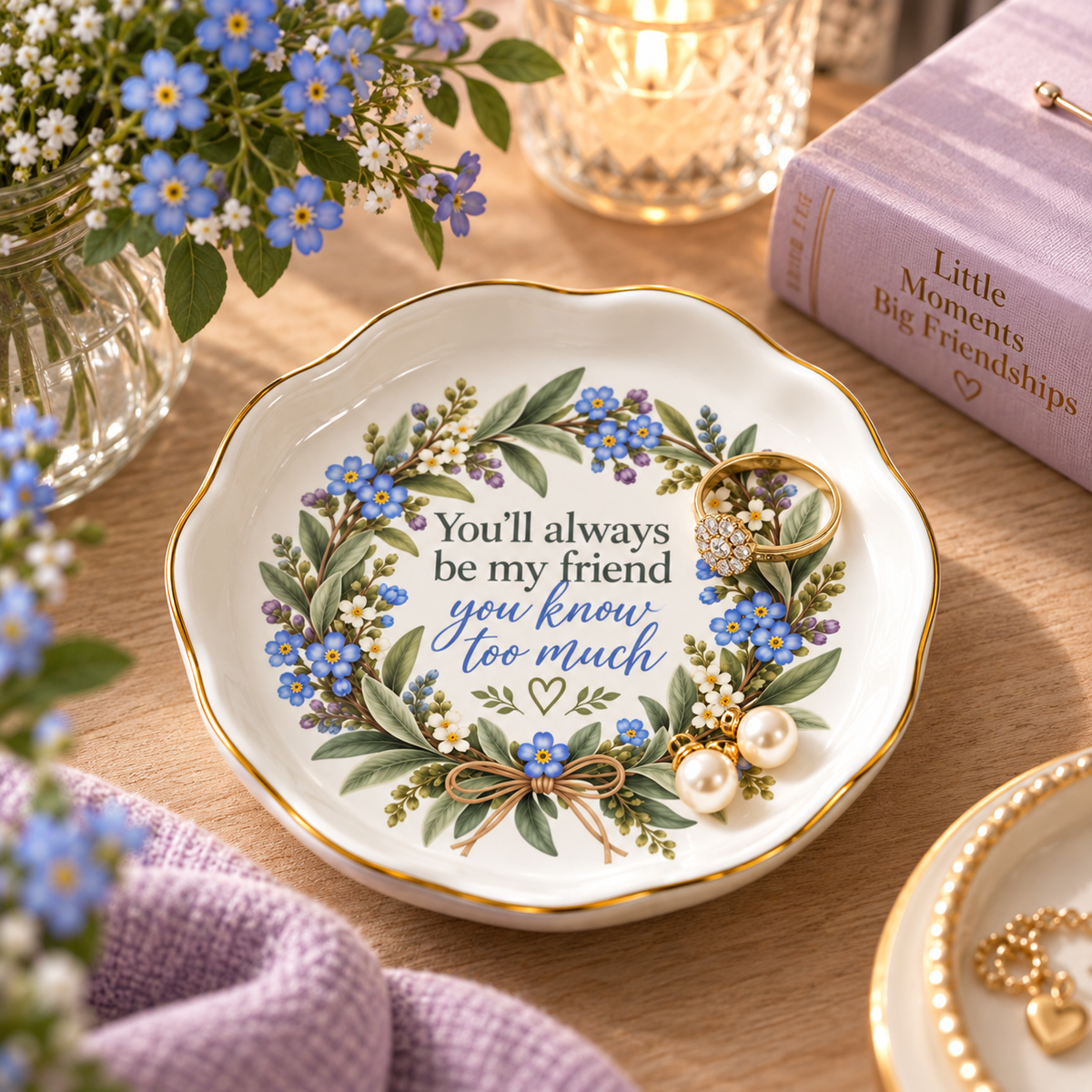 A round white ceramic jewelry tray with a gold rim, decorated with a blue and purple floral wreath and the phrase 'You'll always be my friend you know too much' in blue script. The tray is styled on a wooden table with flowers, a candle, a purple book, and pearl-like jewelry.