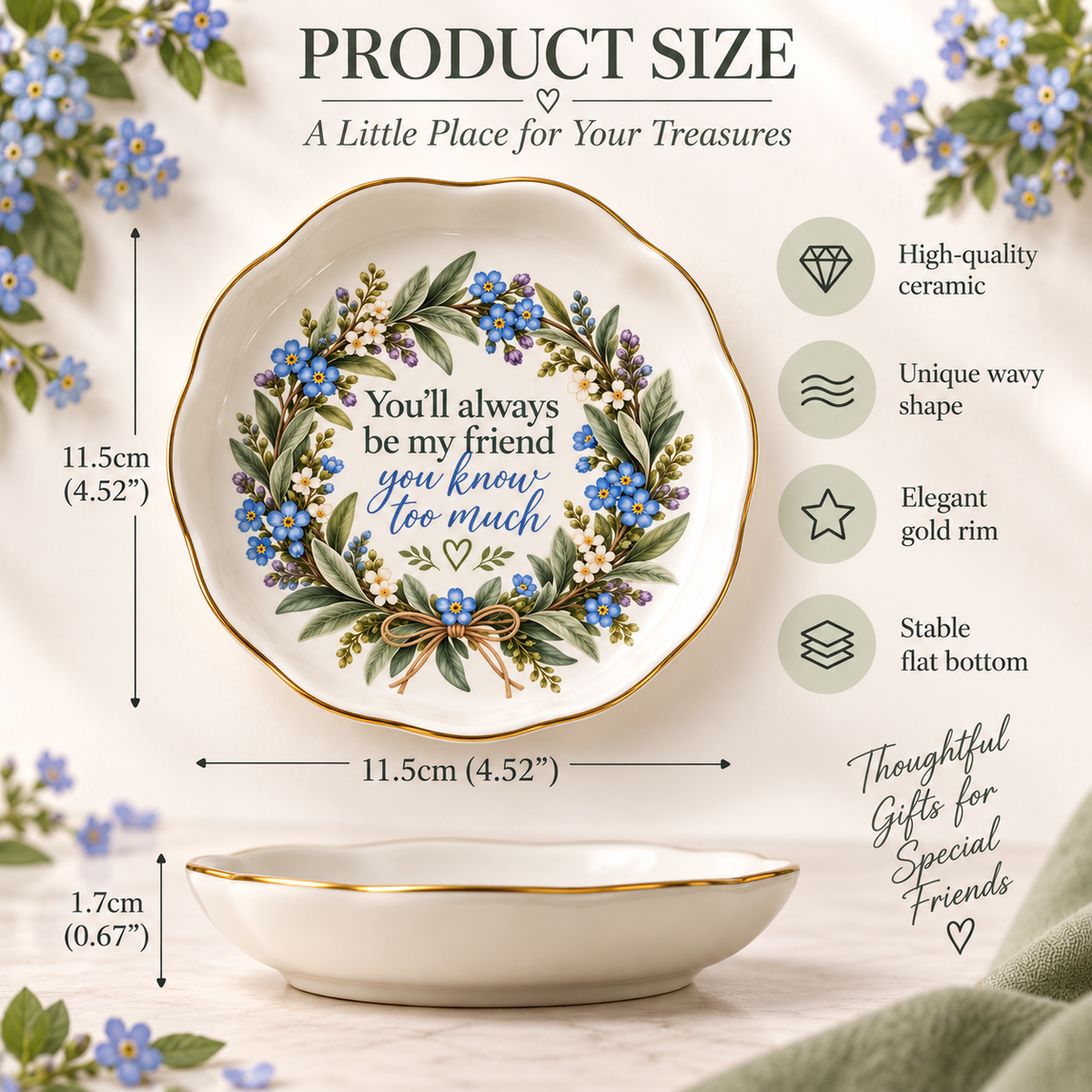 Size guide for 11.5cm ceramic friendship jewellery dish with gently wavy edge.