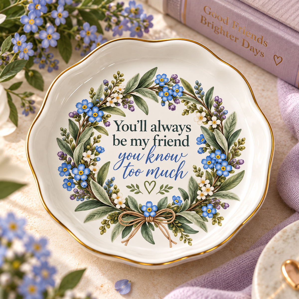 Ceramic friendship trinket dish with blue forget-me-not wreath, gold rim and funny best friend message.