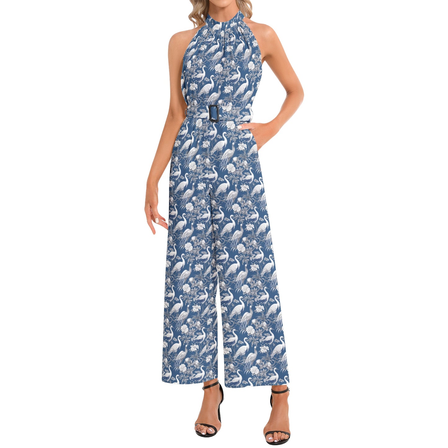 ChinoiserieHalter Neck Buckle Belted Jumpsuit