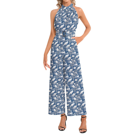 ChinoiserieHalter Neck Buckle Belted Jumpsuit
