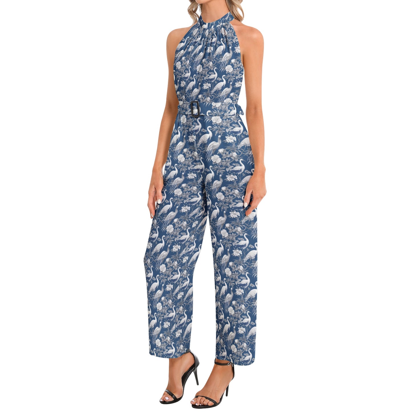 ChinoiserieHalter Neck Buckle Belted Jumpsuit