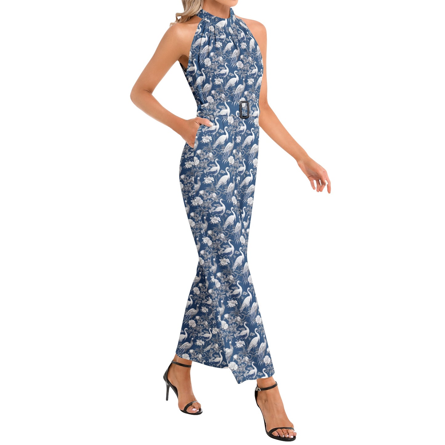 ChinoiserieHalter Neck Buckle Belted Jumpsuit
