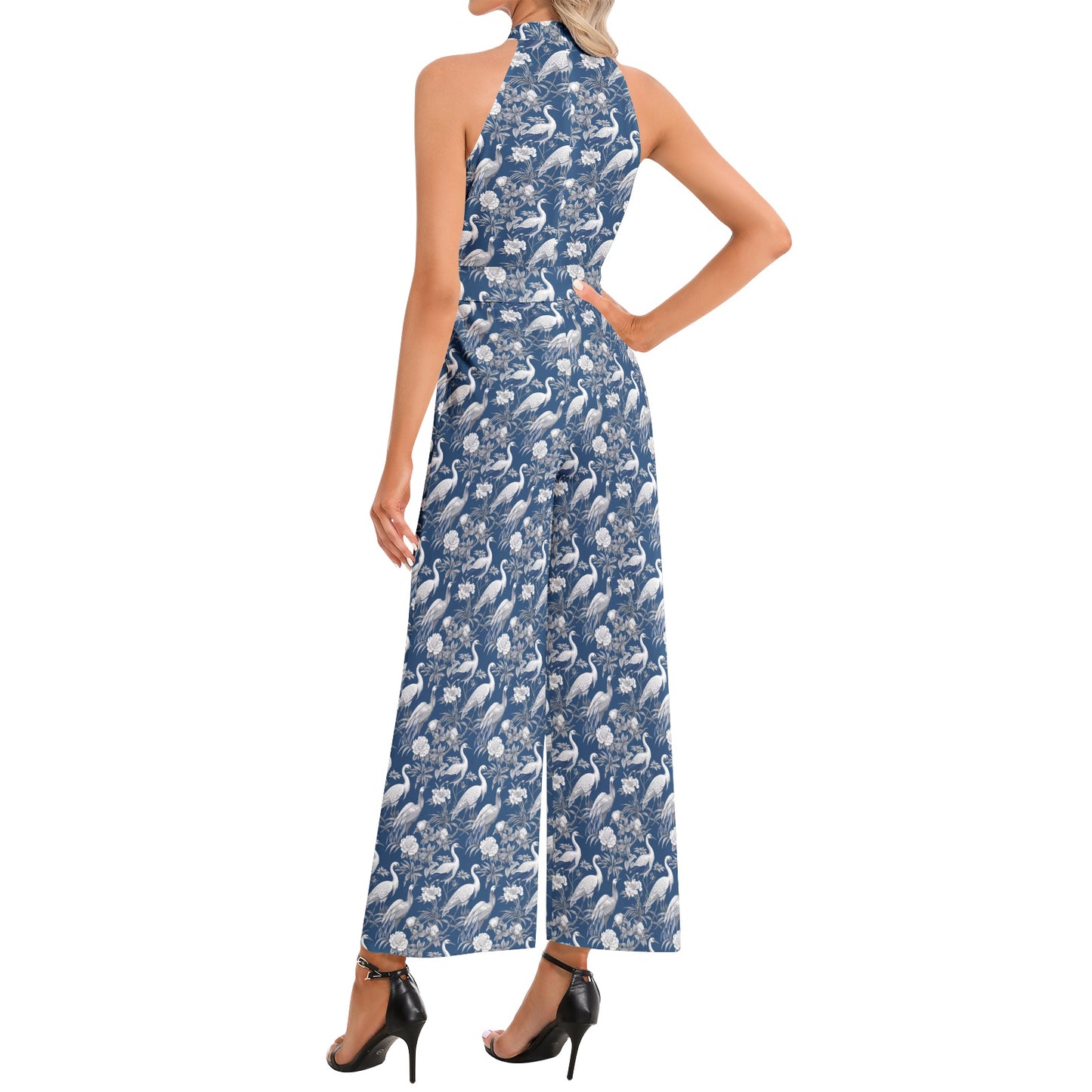 ChinoiserieHalter Neck Buckle Belted Jumpsuit
