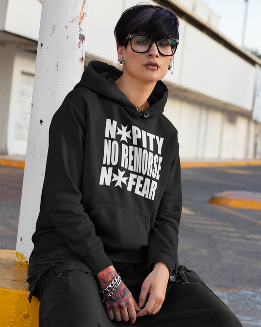 Young Dark Haired woman wearing a No Pity No Remorse No Fear Black Sweatshirt
