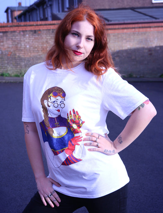 red haired woman posing in a colour in steampunk girl t-shirt