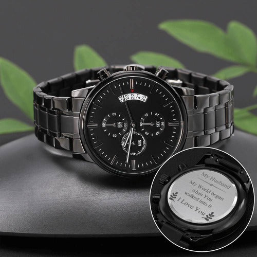 Close up view of an engraved chronograph watch