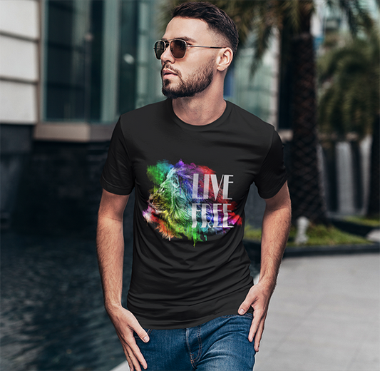 Young man wearing sunglasses wearing a black Live Free Lion T-shirt