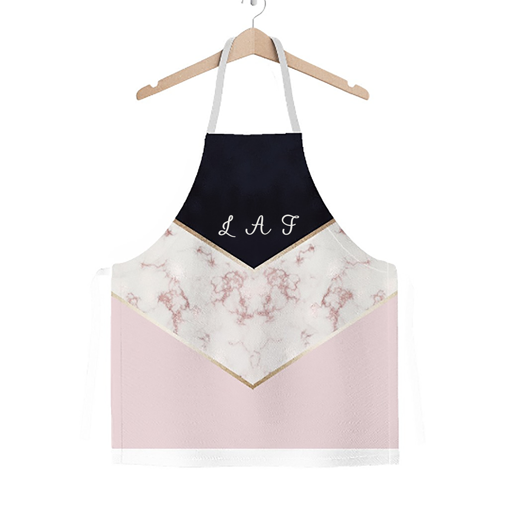 flat lay  Customised Apron hanging on a hanging in front of a white background